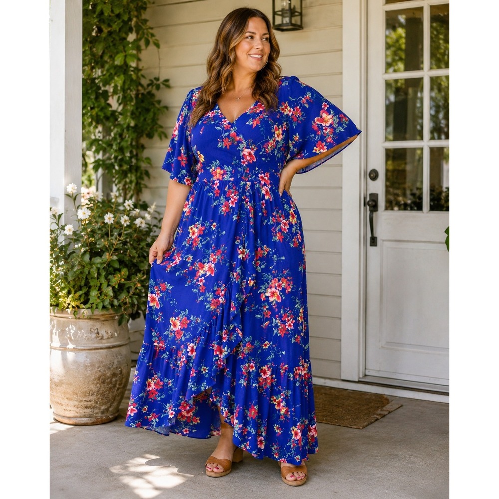 New Womens 1X Blue Floral Maxi Dress V Neck Flutter Sleeve Tie Waist Cottagecore